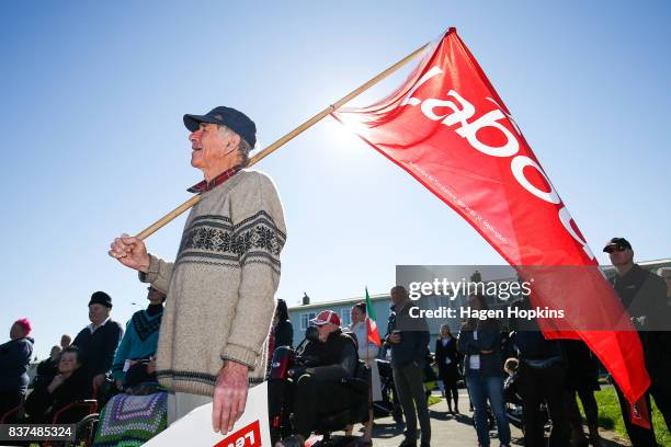 Labour supporter looks on during a housing announcement at Farnham Park on August 23, 2017 in Palmerston North, New Zealand. Labour leader Jacinda...