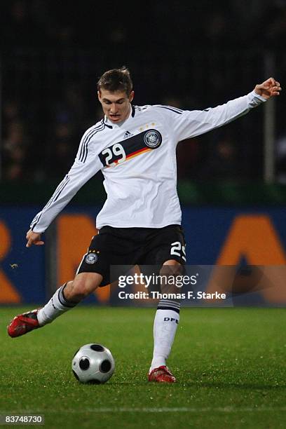 Daniel Schwaab of Germany kicks the ball during the men's U21 international friendly match between Germany and Italy at the osnatel Arena on November...