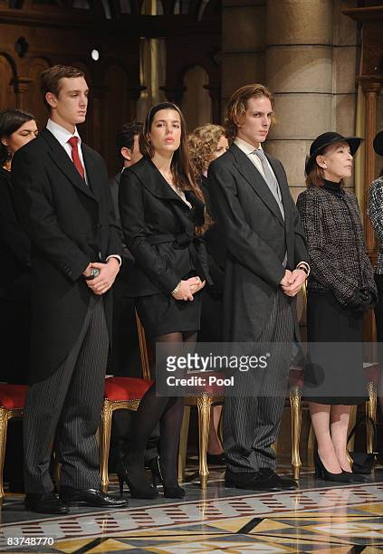 Pierre, Charlotte, Andrea Casiraghi and Baroness Elisabeth-Anne de Massy attend a Mass at the Cathedral during Monaco's National Day celebrations on...