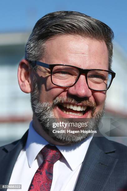 For Palmerston North, Iain Lees-Galloway, enjoys a laugh during a housing announcement at Farnham Park on August 23, 2017 in Palmerston North, New...