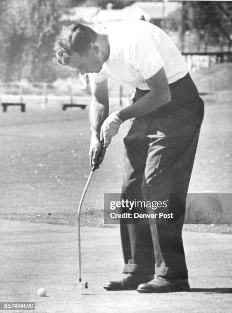 Bob Duden of Portland, Ore., uses putter, croquet style, to post a 70-72-68-68-278, just one stroke off Goalby's winning pace. Credit: Denver Post