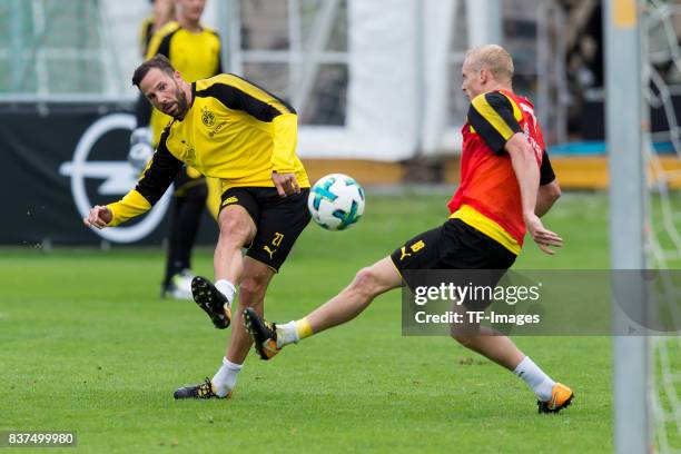 Gonzalo Castro of Dortmund and Sebastian Rode of Dortmund battle for the ball during a training session as part of the training camp on July 31, 2017...