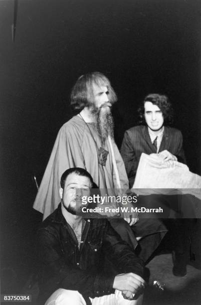 Portrait of American poet and social activist Hugh Romney , musician and inventor Moondog , and Tiny Tim , as they pose together at the Fat Black...