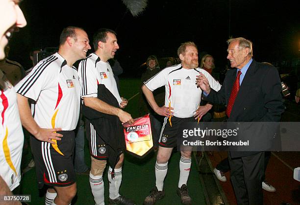Germans football legend Bernd Trautmann is seen with players of the german national fan team in advance to the fan club rematch of wembley 2007 at...