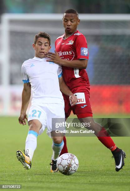 Maxime Lopez of OM and Andile Jali of KV Oostende during the UEFA Europa League third qualifying round second leg match between KV Oostende and...