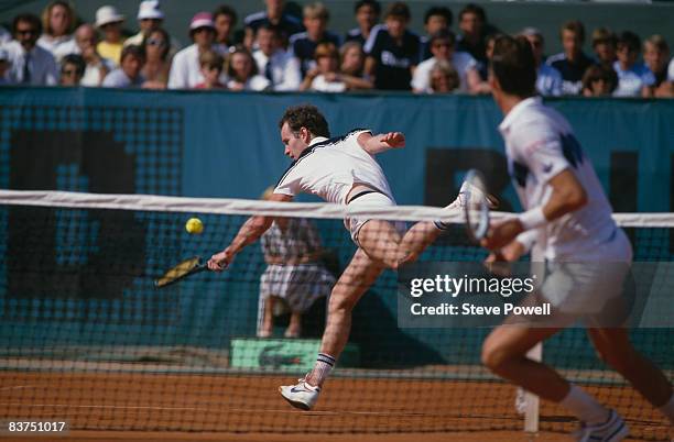 John McEnroe and Ivan Lendl competing in the men's singles final of the Tournoi de Roland-Garros , at the Stade Roland Garros, Paris, June 1984....