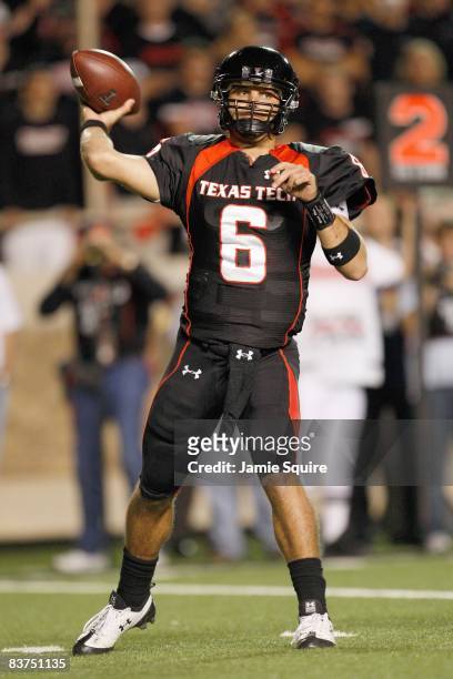 Quarterback Graham Harrell of the Texas Tech Red Raiders looks to pass the ball down the field during the game against the Texas Longhorns on...