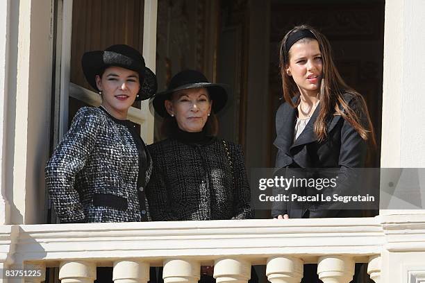 Melanie De Massy, Elisabeth Ann De Massy and Charlotte Casiraghi attend the Army Parade as part of Monaco's National Day celebrations on November 19...