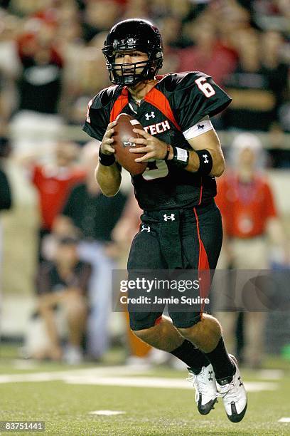 Quarterback Graham Harrell of the Texas Tech Red Raiders drops back to pass the ball during the game against the Texas Longhorns on November 1, 2008...