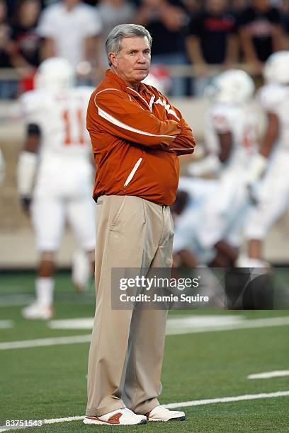 Head coach Mack Brown of the Texas Longhorns watches the practice before the game against the Texas Tech Red Raiders on November 1, 2008 at Jones...