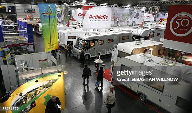 Mobile homes are displayed on November 19, 2008 at the International Tourism and Caravaning fair in Leipzig, eastern Germany. Some 1150 exhibitors...