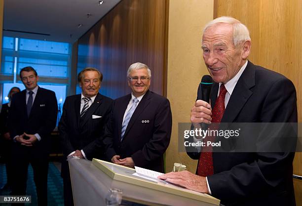 Former German goalkeeper and football legend Bernd Trautmann speaks during he receives a special DFB honour on November 19, 2008 in Berlin, Germany.