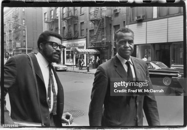American actor James Earl Jones and his father, fellow actor Robert Earl Jones walk along Bleeker Street on their way to attend the Obie Awards, New...