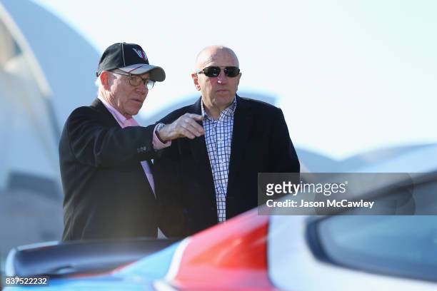 Allan Moffat and Fred Gibson speak during the Bathurst 1000 Legends and Heroes Media Call in The Rocks on August 23, 2017 in Sydney, Australia.