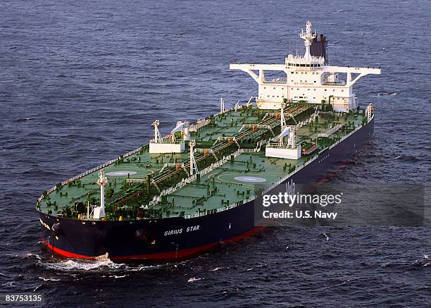 In this handout image supplied by the US Navy, the Liberian-flagged oil tanker MV Sirius Star is at anchor off the coast of Somalia November 19, 2008...