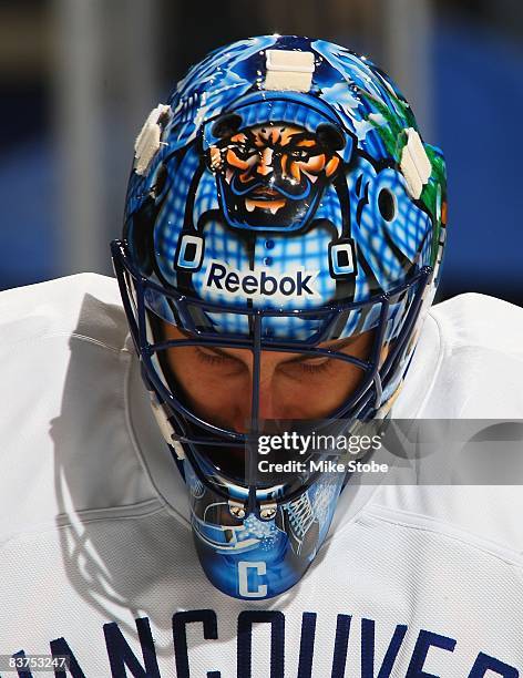 Roberto Luongo of the Vancouver Canucks defends against the New York Islanders on November 17, 2008 at Nassau Coliseum in Uniondale, New York....