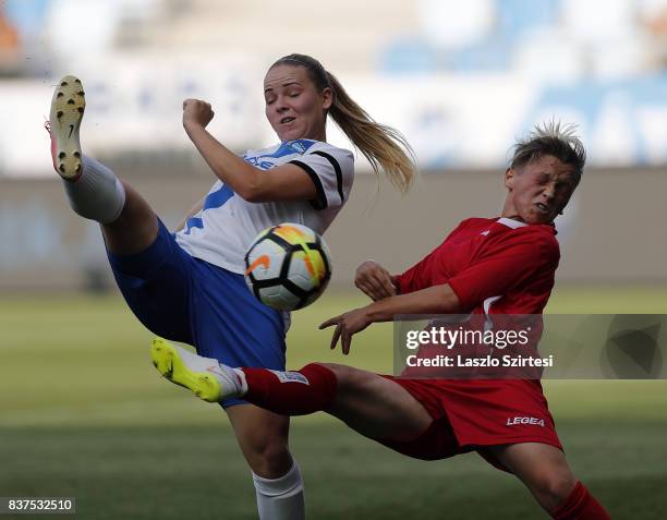 Adrienn Olah of MTK Hungaria FC and Donjeta Haxha of WFC Hajvalia in action during the UEFA Women's Champions League Qualifying match between MTK...