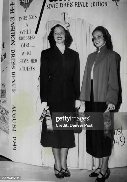 Here are the two winners of the 1949 dress revue in teh girls 4-H division of the Colorado State fair at Pueblo. At left is the grand champion, Ann...