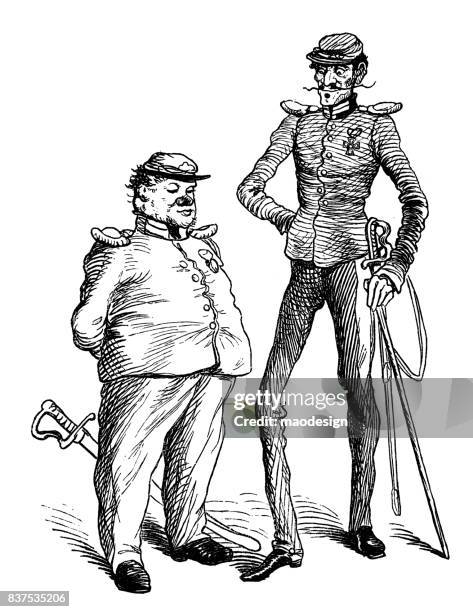 portrait of two gendarmes - 1867 - police officer talking to person cartoon stock illustrations