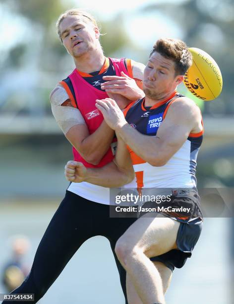 Harrison Himmelberg and Toby Greene of the Giants contest a mark during a Greater Western Sydney Giants AFL media opportunity at Sydney Olympic Park...