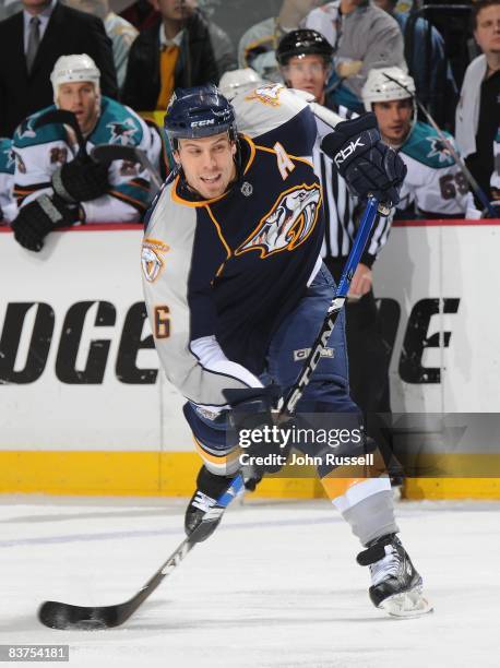 Shea Weber of the Nashville Predators fires a shot against the San Jose Sharks at the Sommet Center on November 17, 2008 in Nashville, Tennessee.