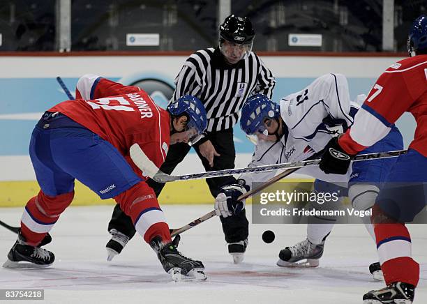 Joakim Eriksson of Linkoping in action with Ryan Gardner of Zurich during the IIHF Champions League Group D match between ZSC Lions Zurich and...