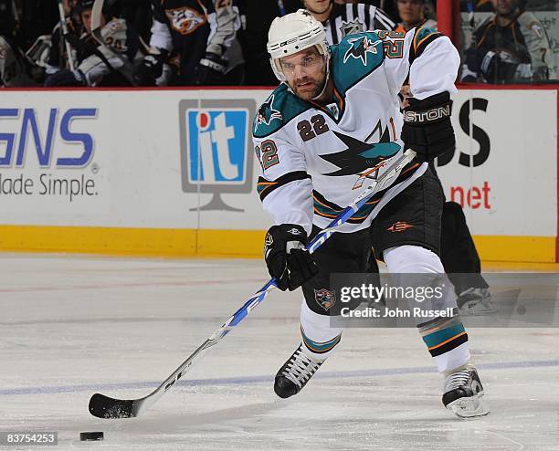 Dan Boyle of the San Jose Sharks skates against the Nashville Predators at the Sommet Center on November 17, 2008 in Nashville, Tennessee.