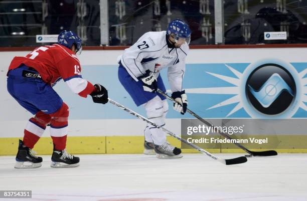 Jan Hlavac of Linkoping in action with Mathias Seger of Zurich during the IIHF Champions League Group D match between ZSC Lions Zurich and Linkoping...