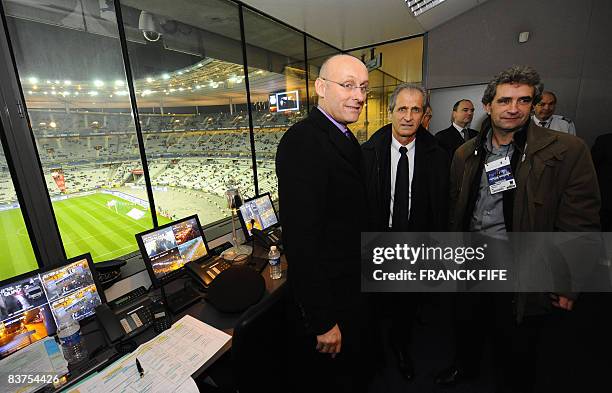 Bernard Laporte State secretary of sports visits the security headquarters with Dominique Rocheteau , former football player and President of the...