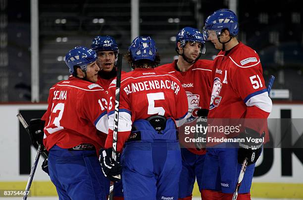The team of Zurich celebrates after scoring the first goal during the IIHF Champions League Group D match between ZSC Lions Zurich and Linkoping HC...