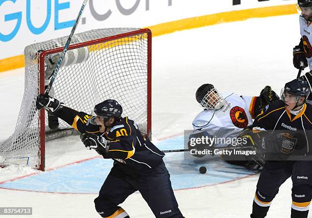 Jaakko Uhlback of Espoo Blues celebrates after a goal during the IIHF Champions Hockey League match between Espoo Blues and SC Bern on November 19,...