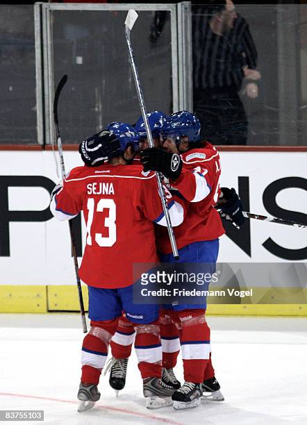 The team of Zurich celebrates after scoring the second goal during the IIHF Champions League Group D match between ZSC Lions Zurich and Linkoping HC...