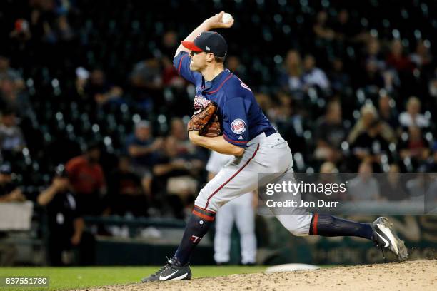 Matt Belisle of the Minnesota Twins pitches against the Chicago White Sox during the ninth inning at Guaranteed Rate Field on August 22, 2017 in...