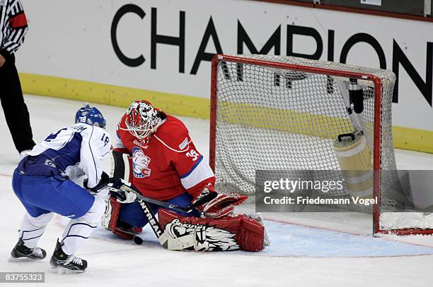 Ari Sulander of Zurich saves a penalty during the IIHF Champions League Group D match between ZSC Lions Zurich and Linkoping HC at the Hallenstadion...