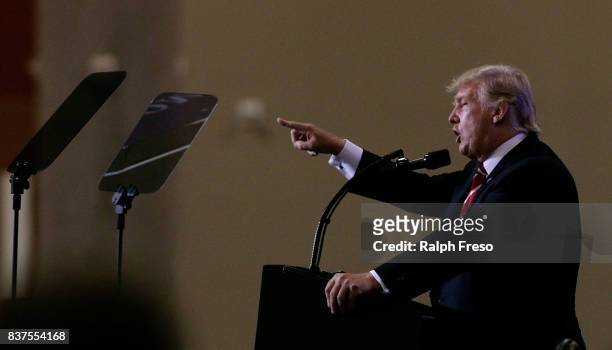 President Donald Trump speaks to supporters at the Phoenix Convention Center during a rally on August 22, 2017 in Phoenix, Arizona. An earlier...