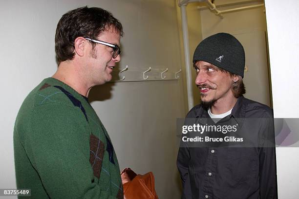 Rainn Wilson and Mackenzie Crook pose backstage at "The Seagull" on Broadway at The Walter Kerr Theatre on November 18, 2008 in New York City.