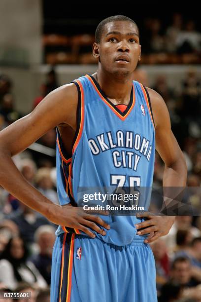 Kevin Durant of the Oklahoma City Thunder stands on the court during the game against the Indiana Pacers on November 10, 2008 at Conseco Fieldhouse...