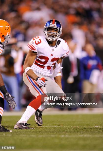 Corey Webster of the New York Giants defends against the Cleveland Browns at Cleveland Stadium on October 13, 2008 in Cleveland, Ohio. The Browns...