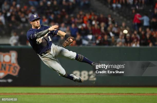 Eric Sogard of the Milwaukee Brewers tries unsuccessfully to throw Gorkys Hernandez of the San Francisco Giants out at first base in the second...