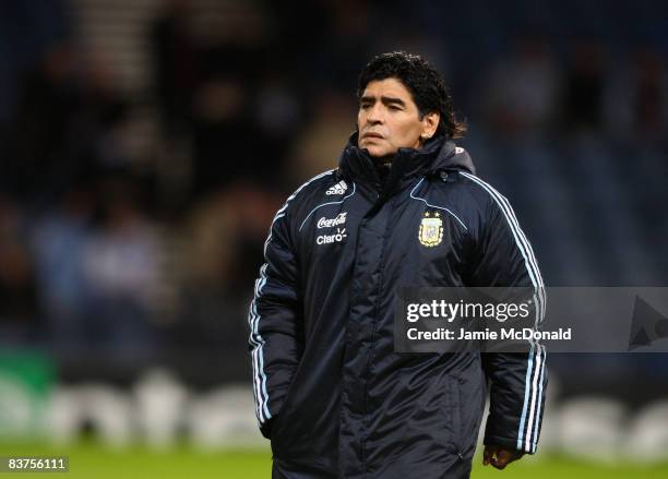 Argentina manager Diego Maradona looks on during the International Friendly match between Scotland and Argentina at Hampden Park on November 19, 2008...