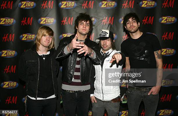 Musicians Bryan Donahue, Martin Johnson, John Keefe and Paul DiGiovanni of Boys Like Girls pose for a photo in the press room during Z100's Jingle...