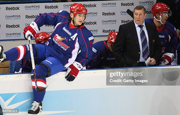 Head coach Valerii Belousov and Ravil Gusmanov of Metallurg Magnitogorsk during the IIHF Champions Hockey League match between Metallurg Magnitog and...