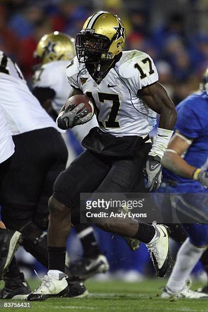 Moore of the Vanderbilt Commodores carries the ball during the game against the Kentucky Wildcats on November 15, 2008 at Commonwealth Stadium in...
