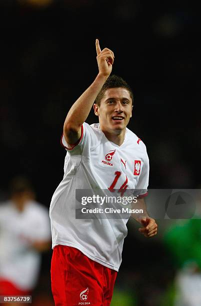 Robert Lewandowski of Poland celebrates his goal during the international friendly match between the Republic of Ireland and Poland at Croke Park on...