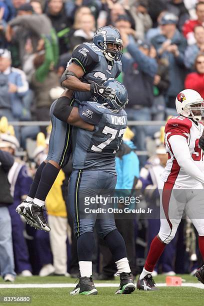 Maurice Morris and Floyd Womack of the Seattle Seahawks celebrates the touchdown during the game against the Arizona Cardinals on November 16, 2008...