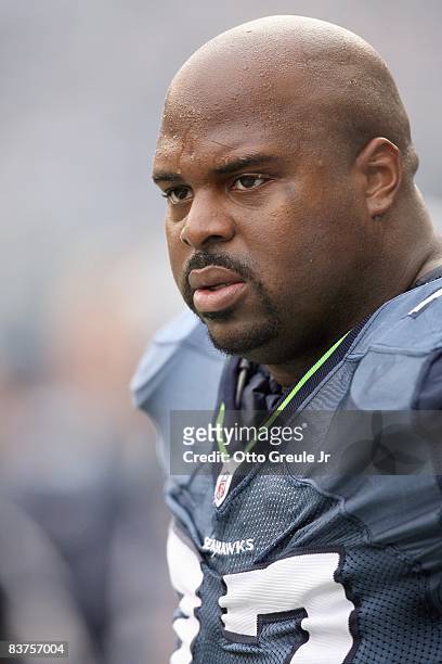 Floyd Womack of the Seattle Seahawks looks on the sidelines during the game against the Arizona Cardinals on November 16, 2008 at Qwest Field in...