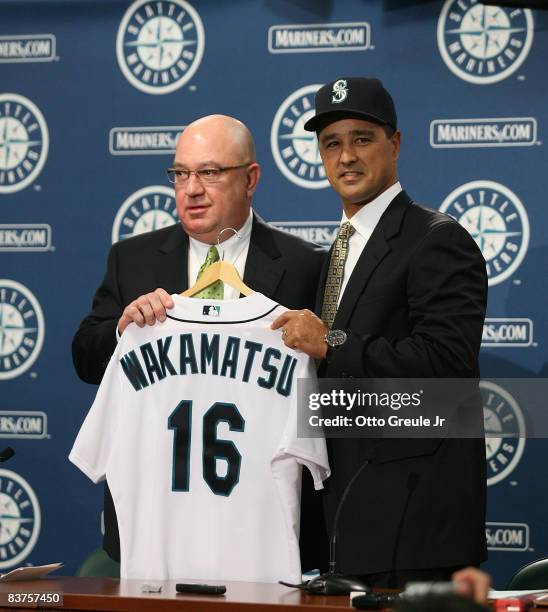 General Manager Jack Zduriencik of the Seattle Mariners introduces new manager Don Wakamatsu to the media at Safeco Field November 19, 2008 in...