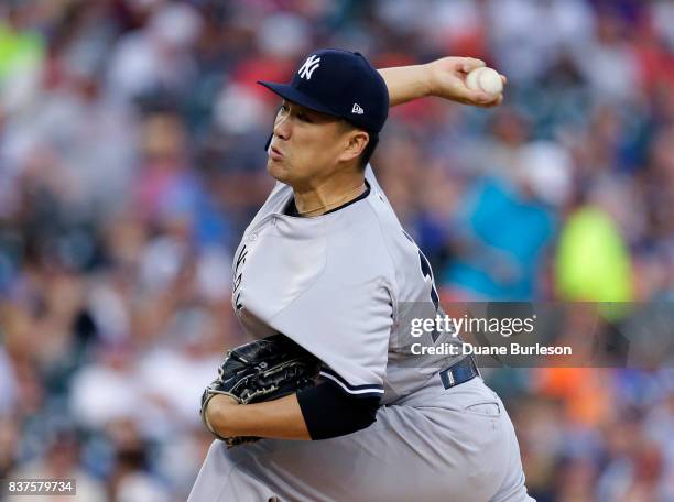 Masahiro Tanaka of the New York Yankees pitches against the Detroit Tigers during the first inning at Comerica Park on August 22, 2017 in Detroit,...