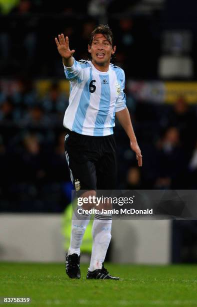 Gabriel Heinze of Argentina gestures during the International Friendly match between Scotland and Argentina at Hampden Park on November 19, 2008 in...