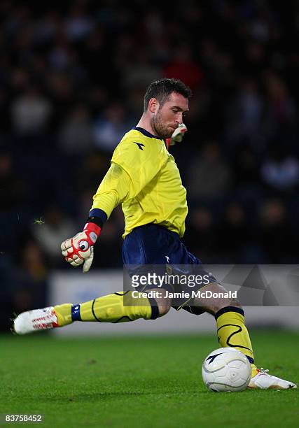 Allan McGregor kicks the ball during the International Friendly match between Scotland and Argentina at Hampden Park on November 19, 2008 in Glasgow,...